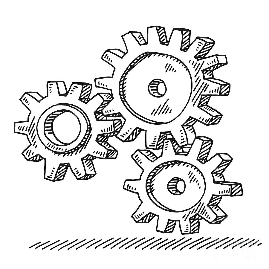 Black And White Drawing - Three Connected Gears Drawing by Frank Ramspott
