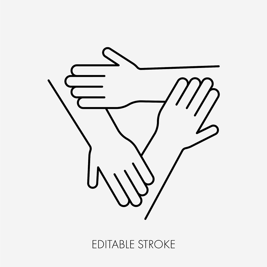 Three connected hands. Editable Stroke Drawing by Studiostockart