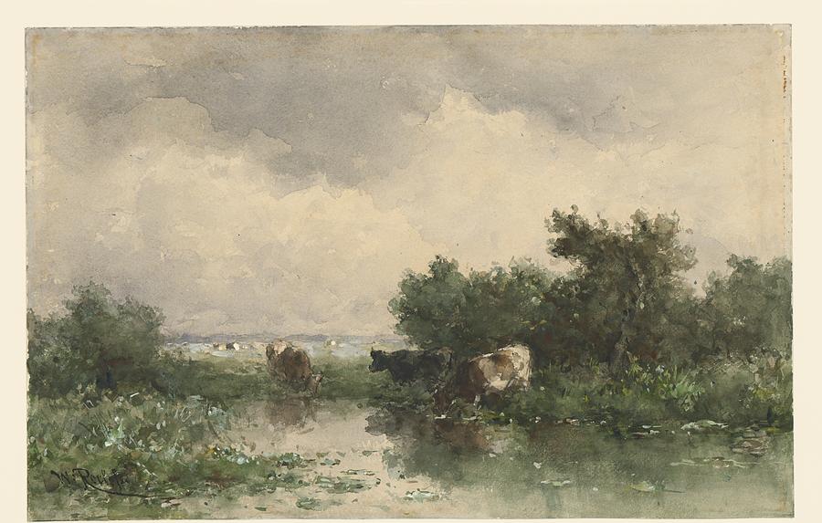 Three Cows On A Lake, Willem Roelofs I, 1832 - 1897 Painting