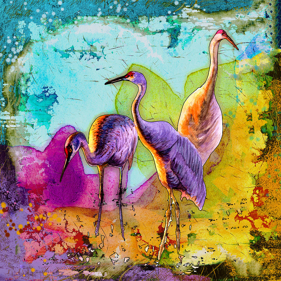 Three Cranes Madness Painting by Miki De Goodaboom