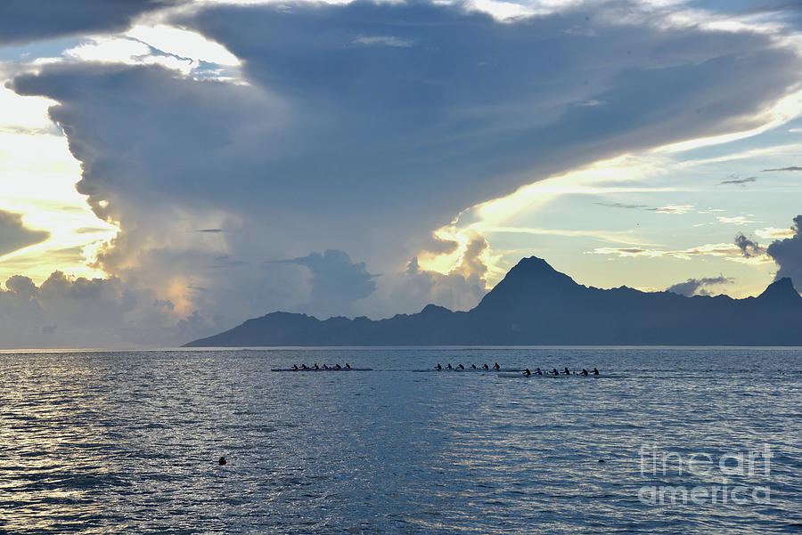 Three Crew Boats Rowing In Front Of Moorea Island In French Polynesia At Sunset.. Photograph by Tom Wurl