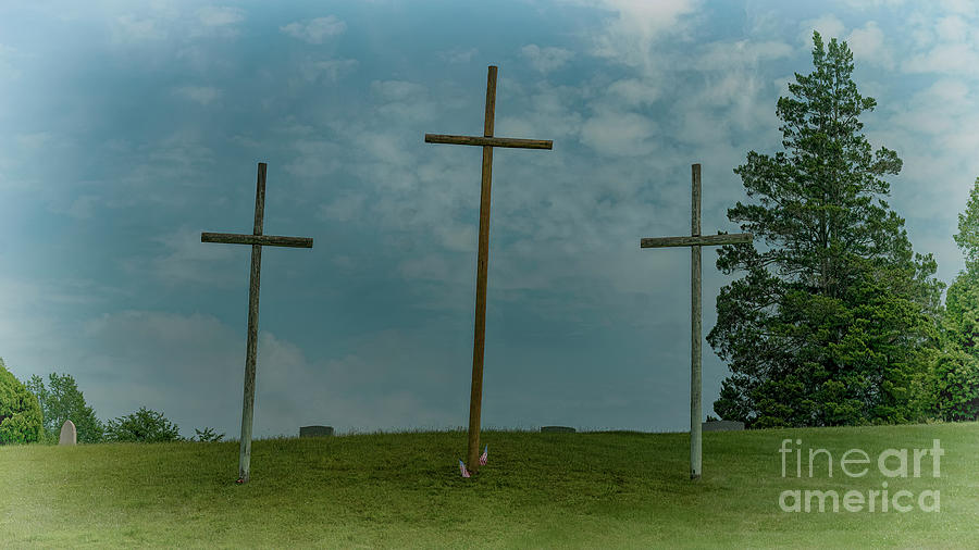 Three Crosses And Two Flags Photograph