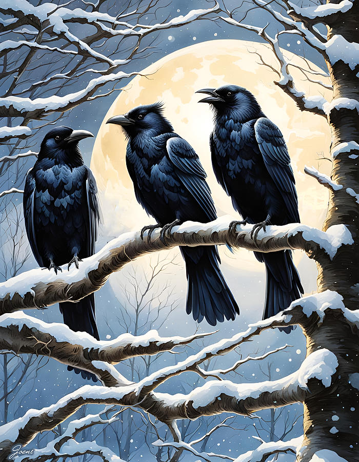 Three Crows in the Moonlight Digital Art by Greg Joens