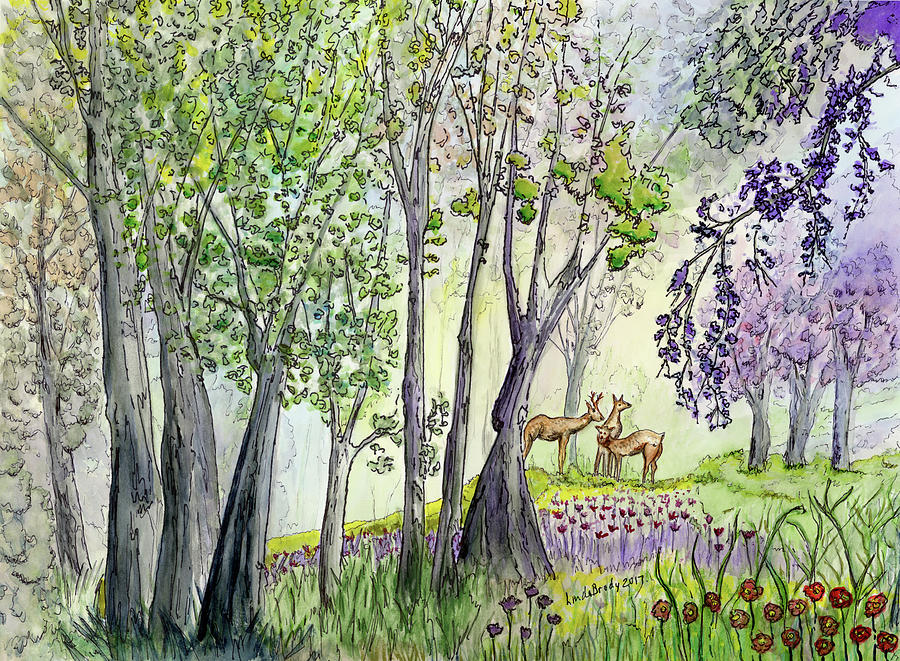 Three Deer In The Woods Watercolor And Ink Painting