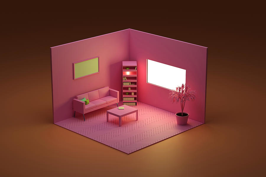 Three dimensional render of corner of pink colored living room Drawing by Westend61