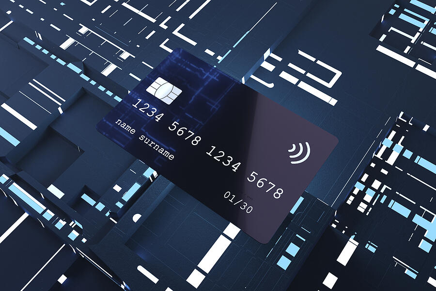 Three dimensional render of credit card against electronic background Drawing by Westend61