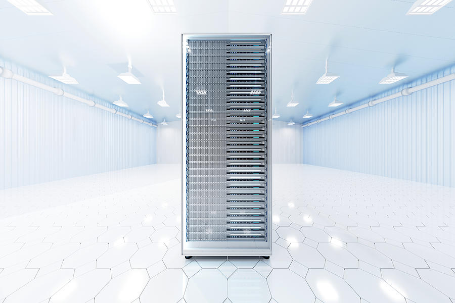 Three dimensional render of network server tower standing inside brightly lit server room Drawing by Westend61
