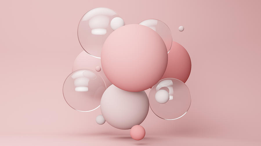 Three dimensional render of pastel colored bubbles floating against pink background Drawing by Westend61