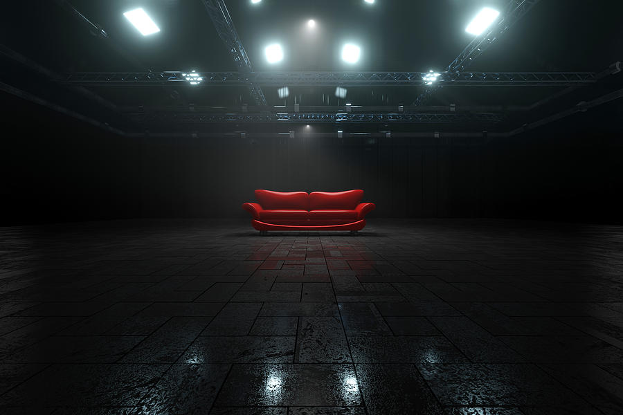 Three dimensional render of red sofa inside dark warehouse Drawing by Westend61