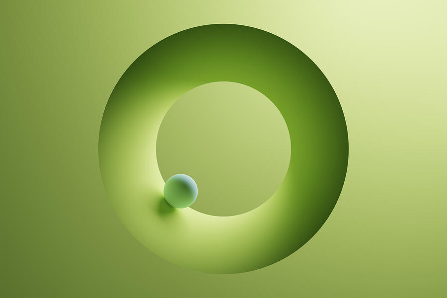 Three dimensional render of small sphere inside green ring Drawing by Westend61