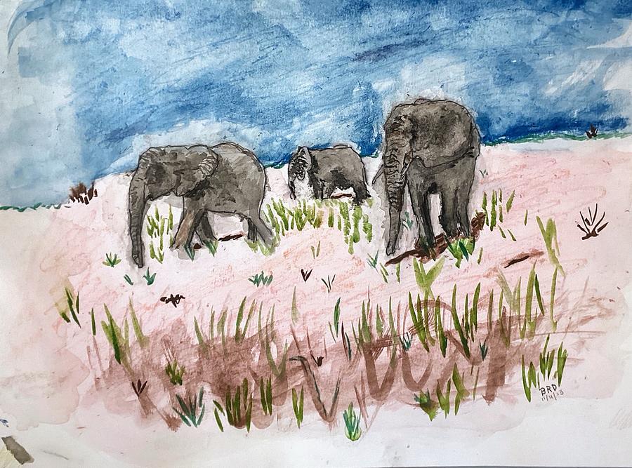 Three Elephants Painting by Branwen Drew