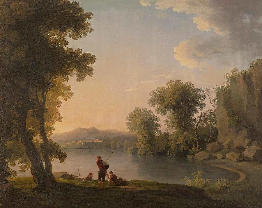 Greek Drawing - Three Fisherman Resting Alongside A Lake by Follower of William Ashford English