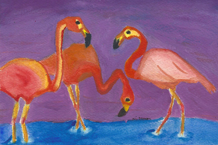 Three Flamingos Painting by Ali Baucom