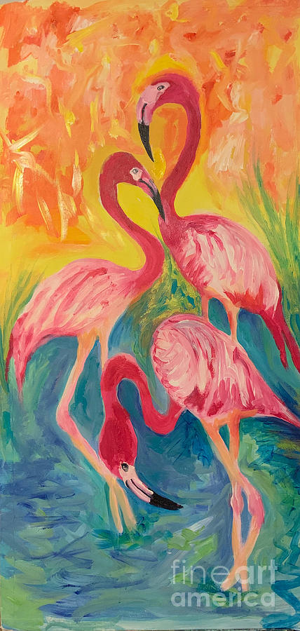 Three Flamingos Drinking Painting by Judy Dimentberg - Fine Art America