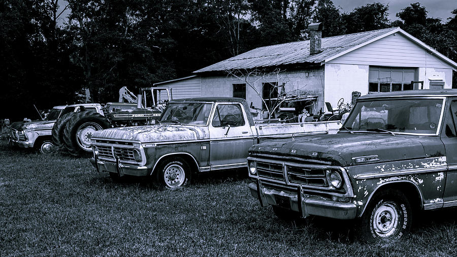 Abandoned Photograph - Three Fords and a Dodge - BNW by Jon Stallings