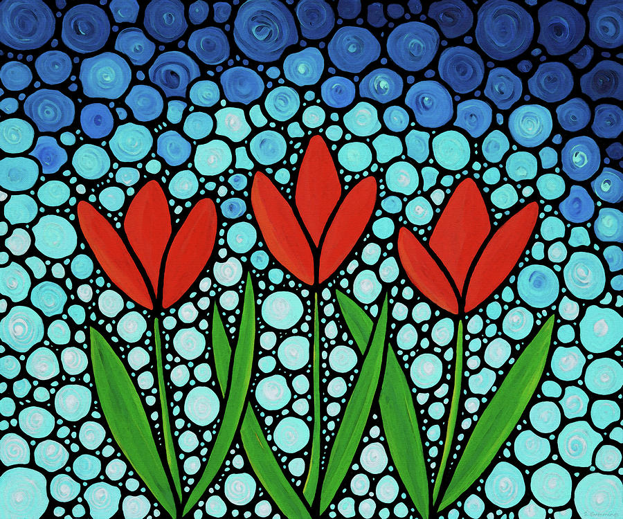 Three Friends - Red Tulip Mosaic Art Painting by Sharon Cummings