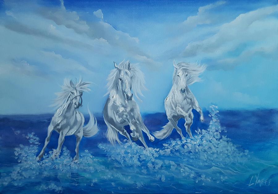 Three Frolicking Horses in Sea Painting by Loraine Yaffe