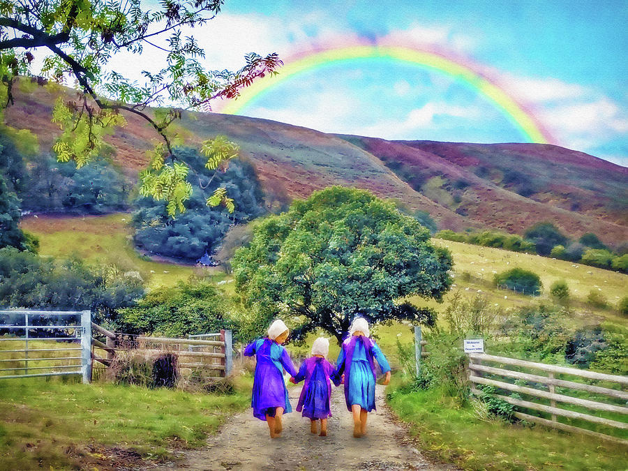 Three Girls And A Rainbow - Watercolor FX Digital Art by Brian Wallace