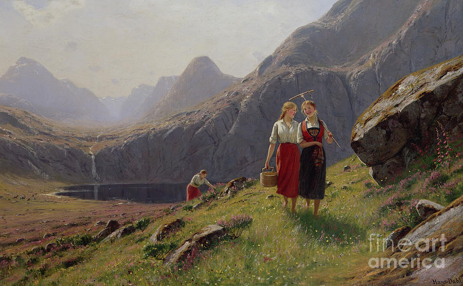 Three girls by the mountain lake in Western Norway  Painting by O Vaering by Hans Dahl