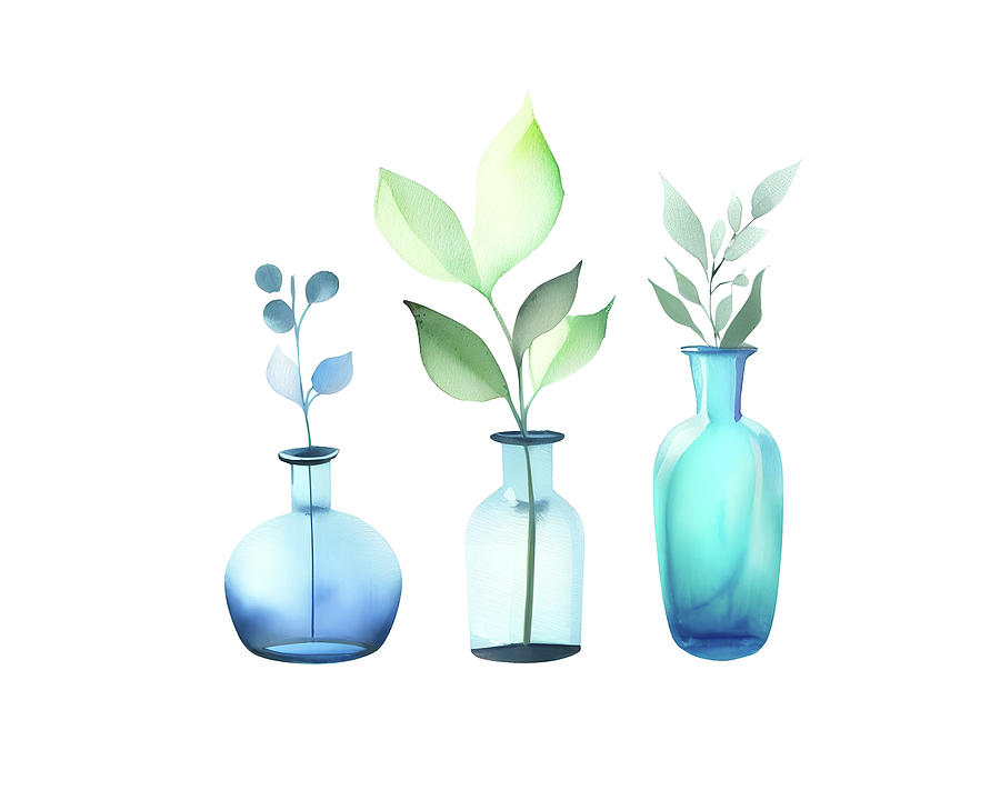 Three Glass Vases with Stems and Leaves Digital Art by Alison Frank