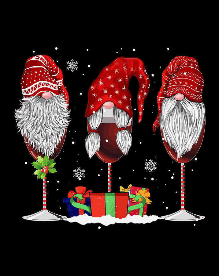 Three Glasses Of Wines Christmas Gnomes Funny Holiday Gifts Digital Art ...