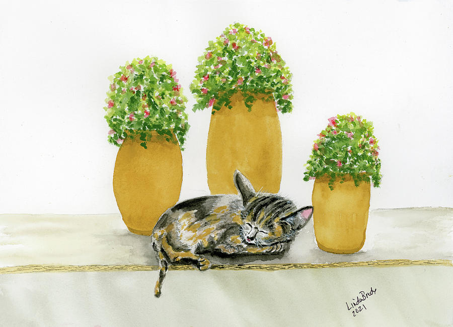Three Gold Vases And Sleeping Cat Painting