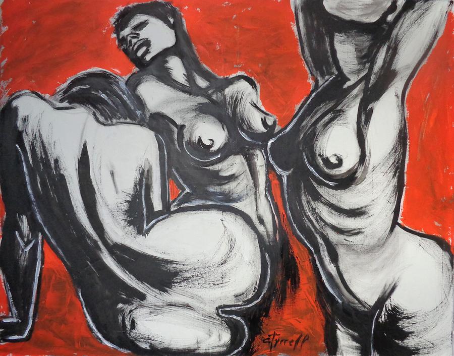 Three Graces With Red Curtain Painting by Carmen Tyrrell