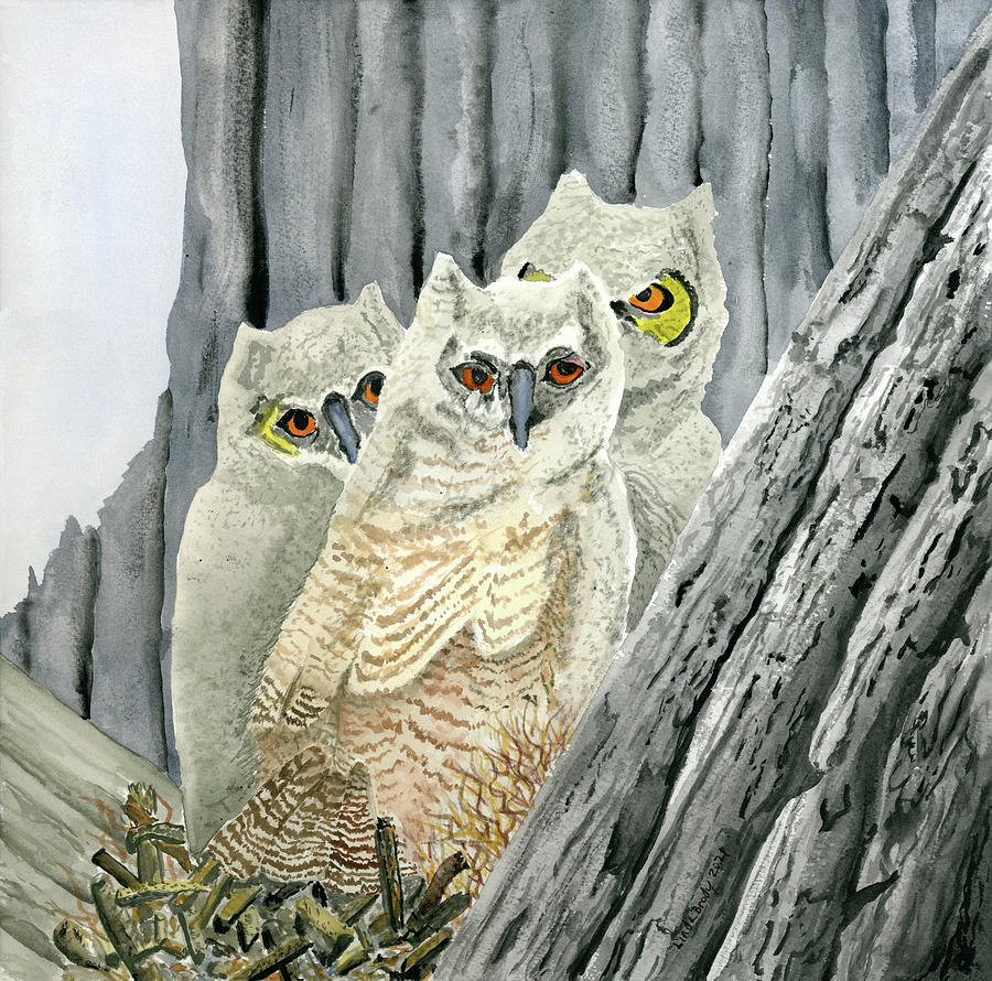 Three Great Horned Owlets Sitting On Their Nest Painting
