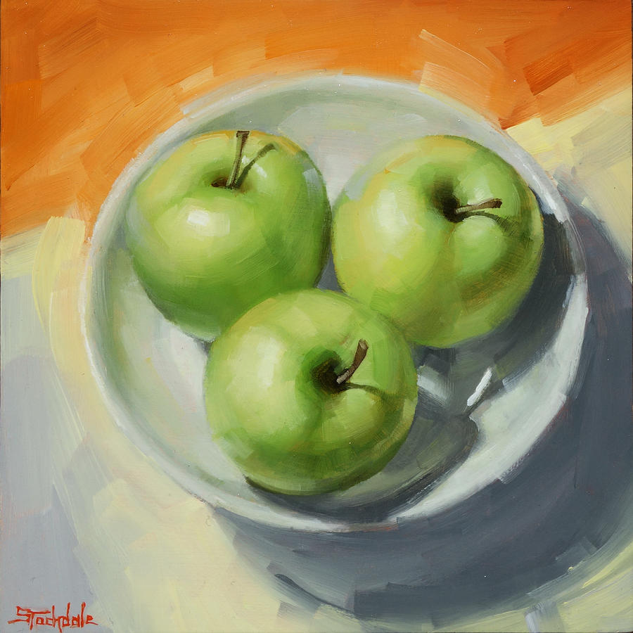 Three Green Apples Painting by Margaret Stockdale