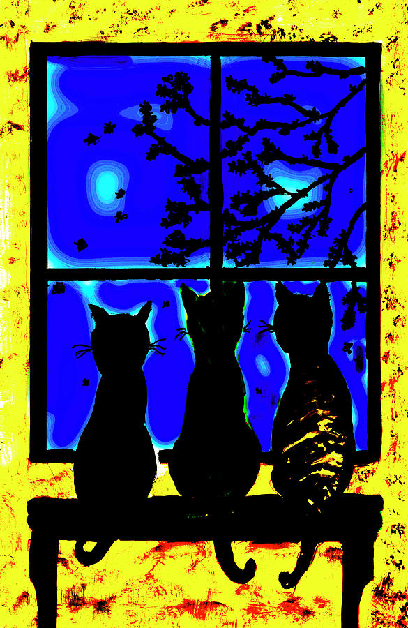 Three Halloween Cats At The Window Painting by Deborah League