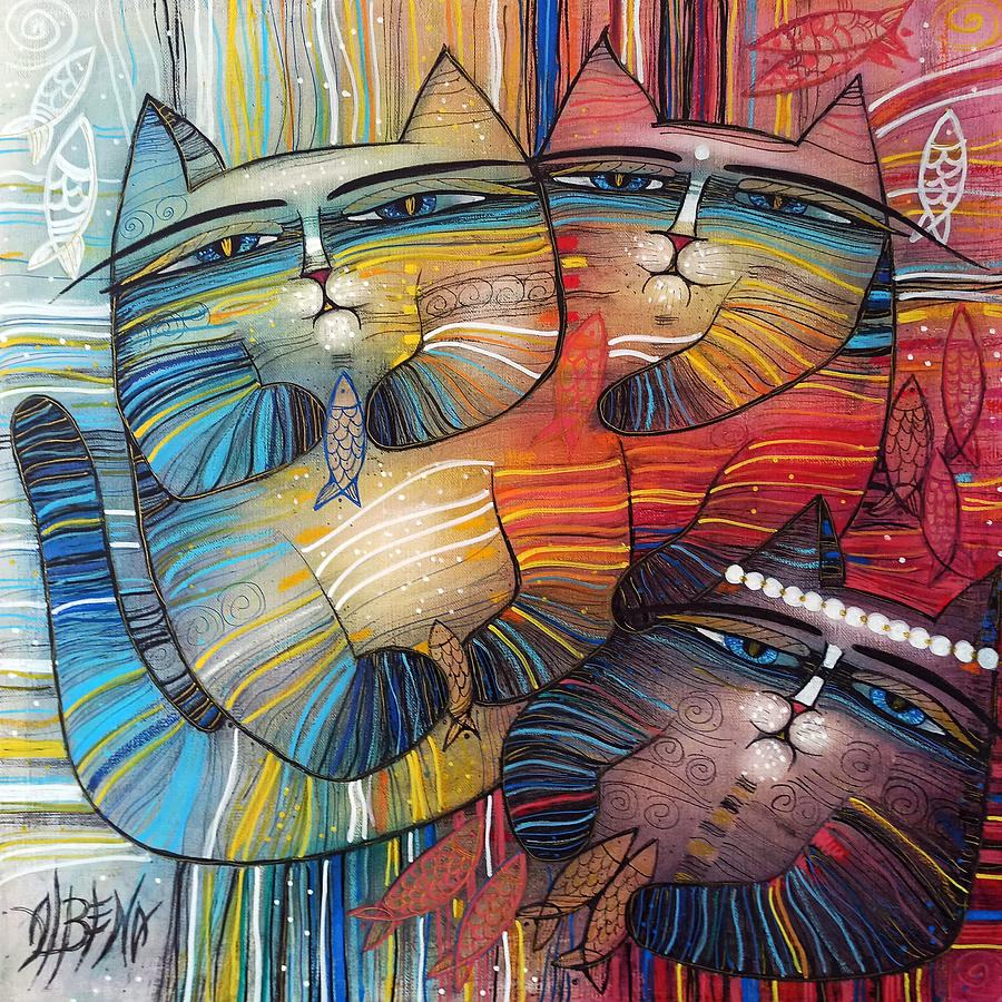 Three Happy Cats Painting by Albena Vatcheva