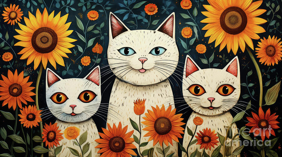 Three Happy Cats Painting by Tina LeCour