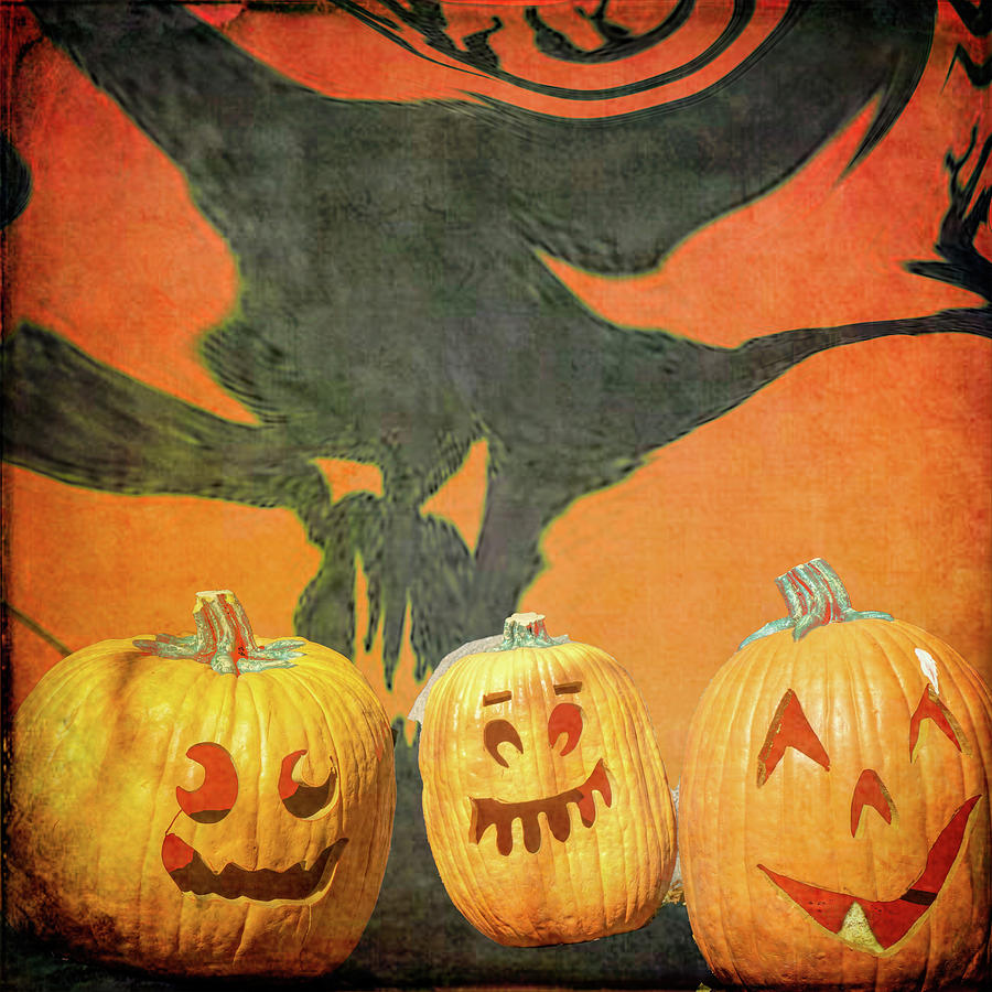 Three Happy Pumpkins and spooky tree Digital Art by Cathy Anderson