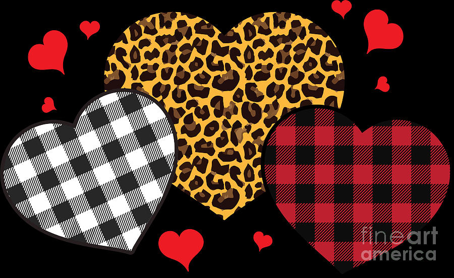 Three Hearts Leopard Buffalo Plaid for Women Valentine_s Day T