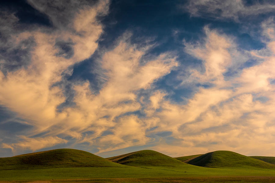Sunset Photograph - Three hills in color, pastoral scene in Fairfield, California by Alessandra RC