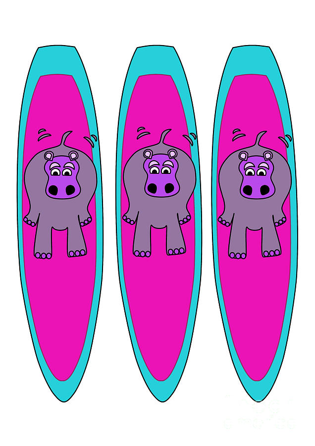 Surfing Hippos in Threes Digital Art by Barefoot Bodeez Art