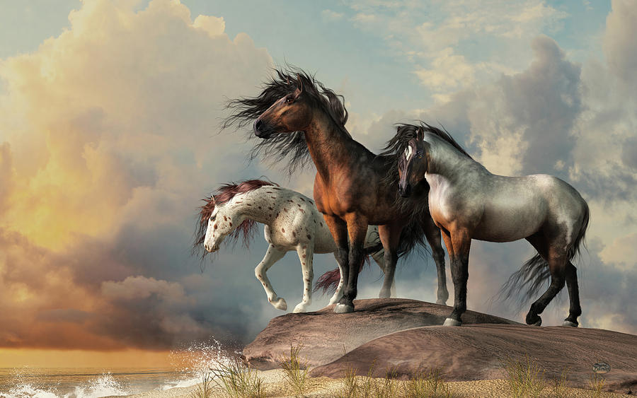 Three Horses at the Beach Digital Art by Daniel Eskridge