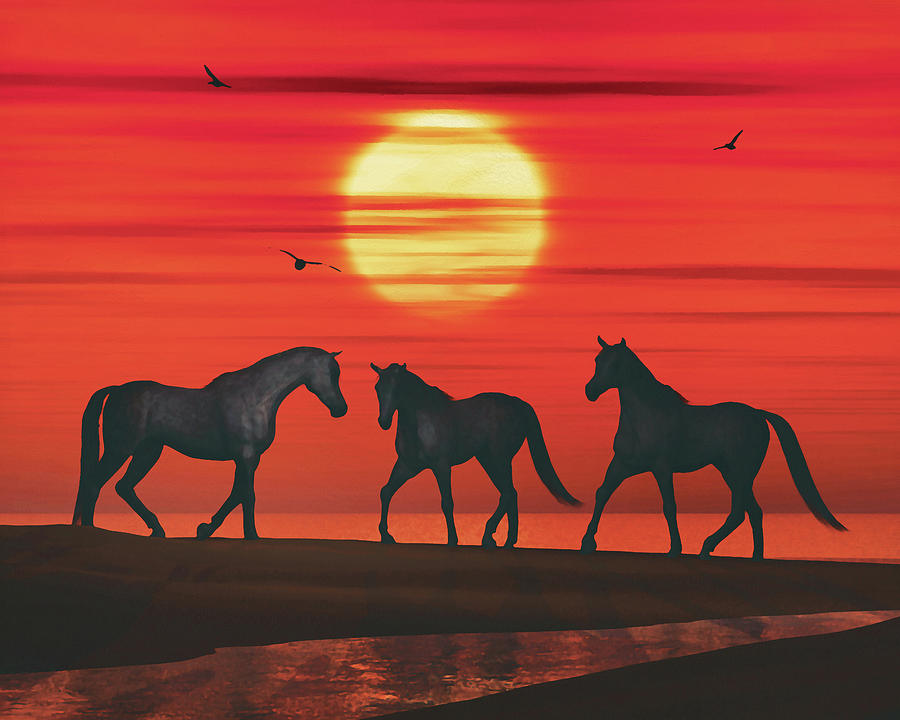 Three horses walk towards each other on the beach Painting by Jan Keteleer