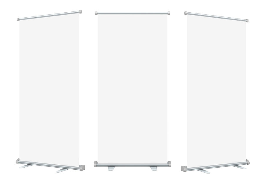 Three isolated blank roll up banner displays Photograph by Highdog