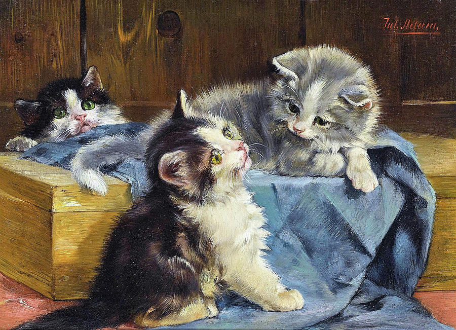 Animal Painting - Three kittens on blue blanket - Digital Remastered Edition by Julius Anton Adam