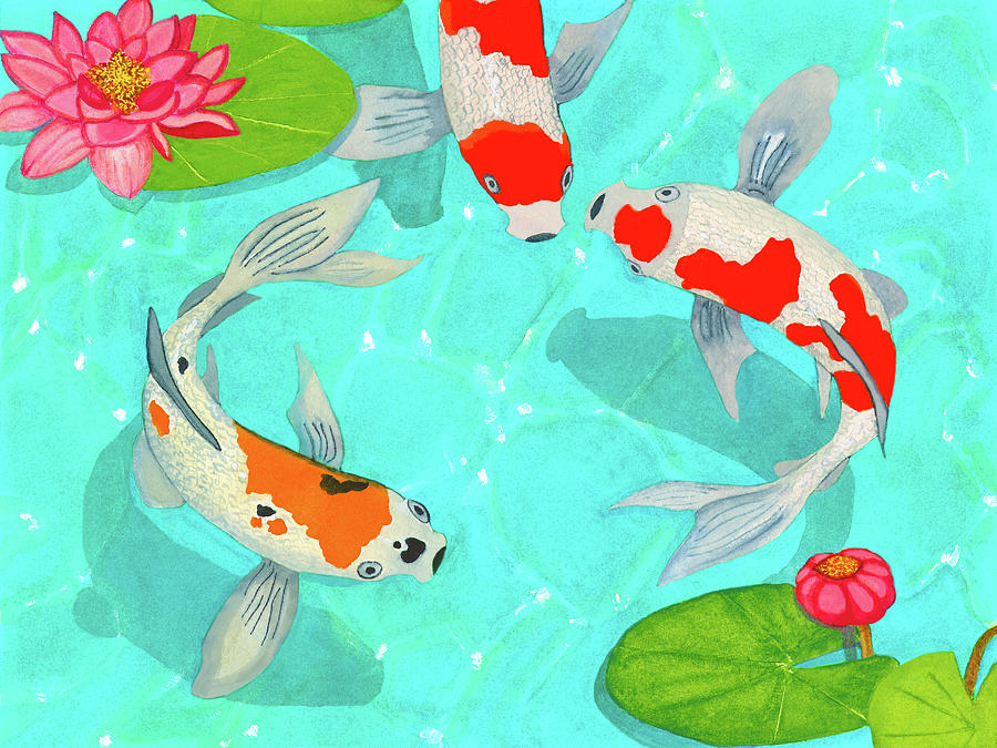 Three Koi Fish In Sunlit Lotus Pond Painting by Deborah League