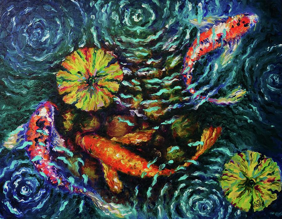 Three Koi With Lilies Painting by Elizabeth Cox