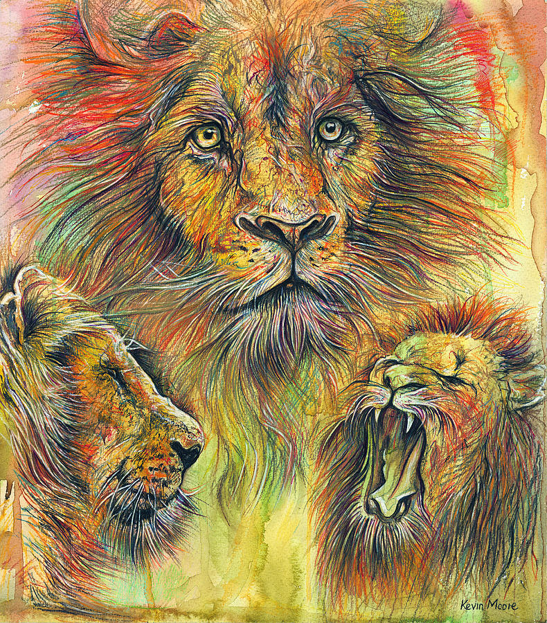Three Lions Roaring Painting by Kevin Derek Moore
