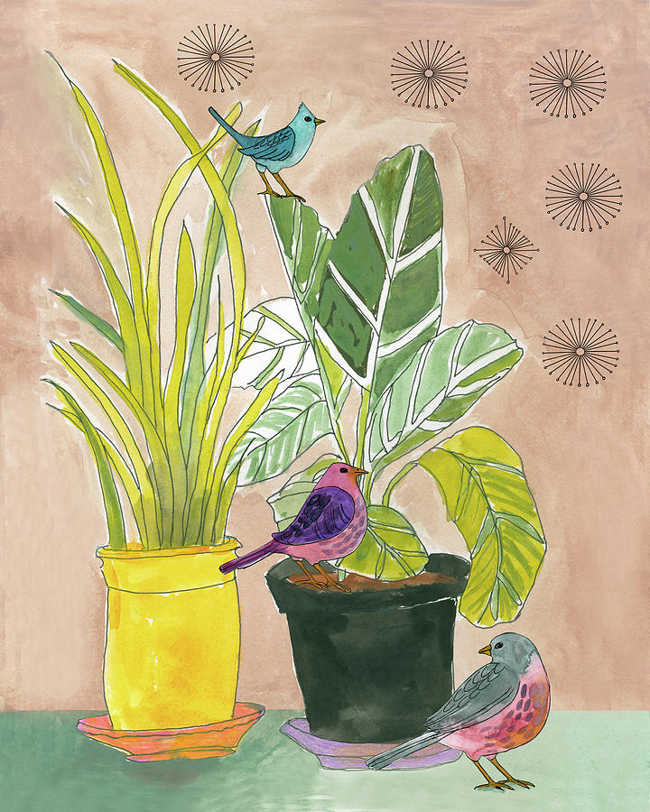 Houseplants and Three Little Birds Painting by Blenda Studio