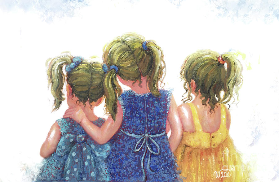 Three Little Blonde Sisters Blue Painting by Vickie Wade