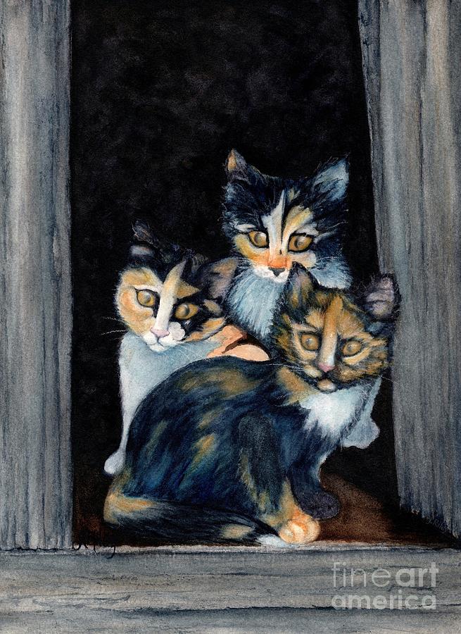 Three Little Calico Kittens  Painting by Janine Riley