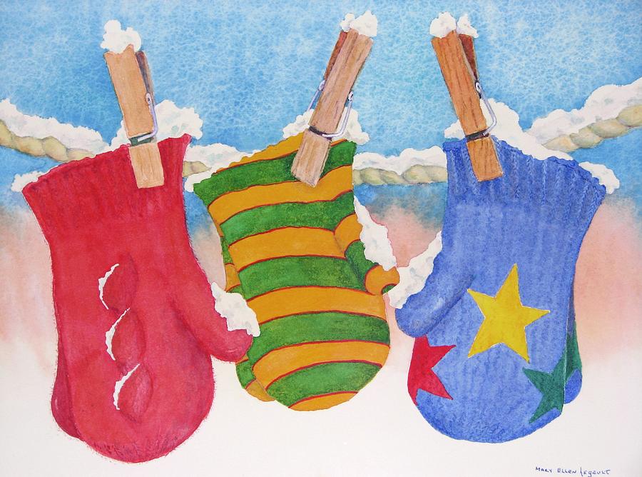 Winter Painting - Three Little Mittens by Mary Ellen Mueller Legault