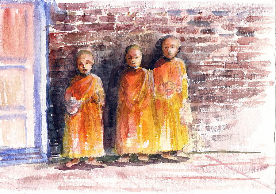 Three Little monks Painting by Asha Sudhaker Shenoy
