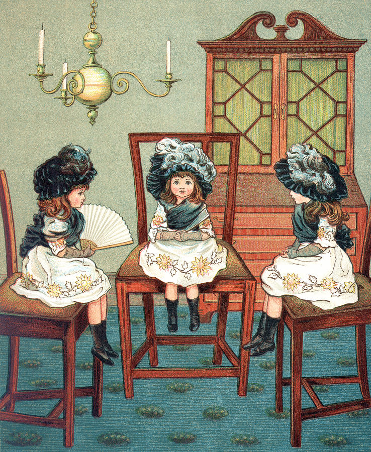 Three little Victorian girls going visiting Drawing by Whitemay