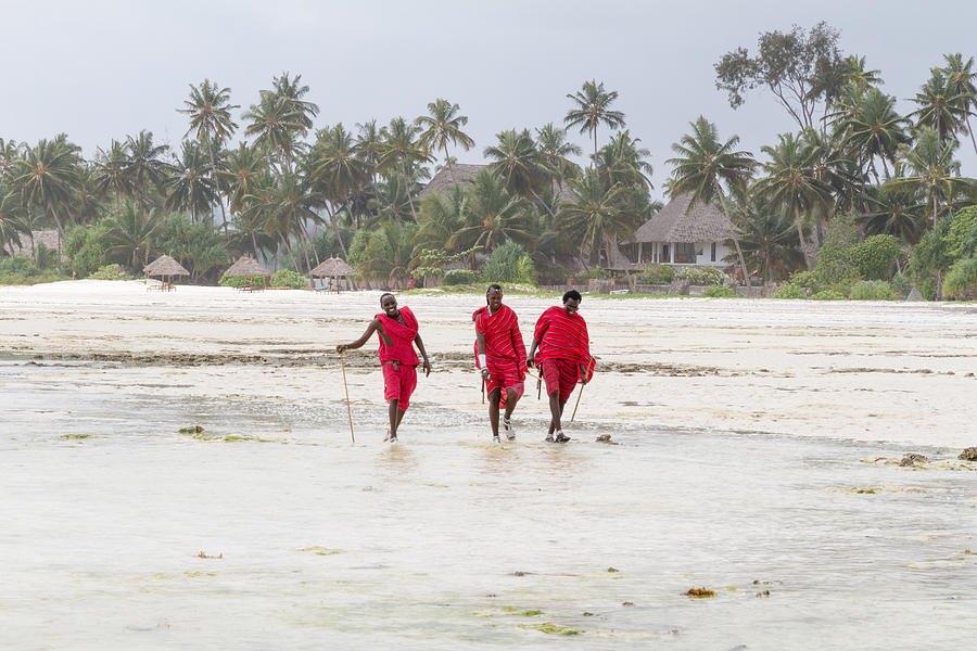 Three Masai warriors walking on the beach Photograph by PJPhoto69